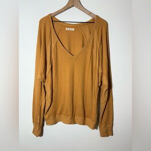 We The Free Mustard Yellow Waffle Knit Deep V-neck Loose Long Sleeve Top L